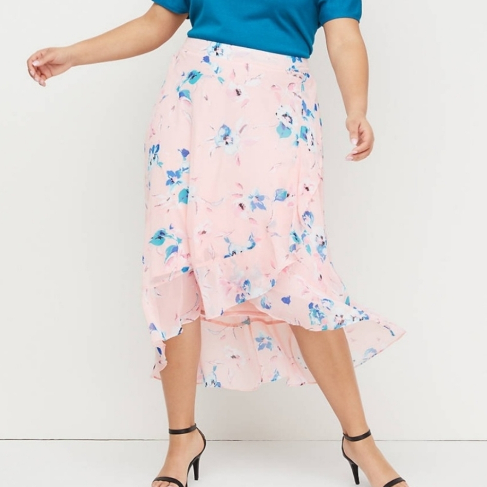 NEW Lane Bryant Chiffon Pink Floral Faux Wrap Ruffle Hi-low Skirt Plus 18/20